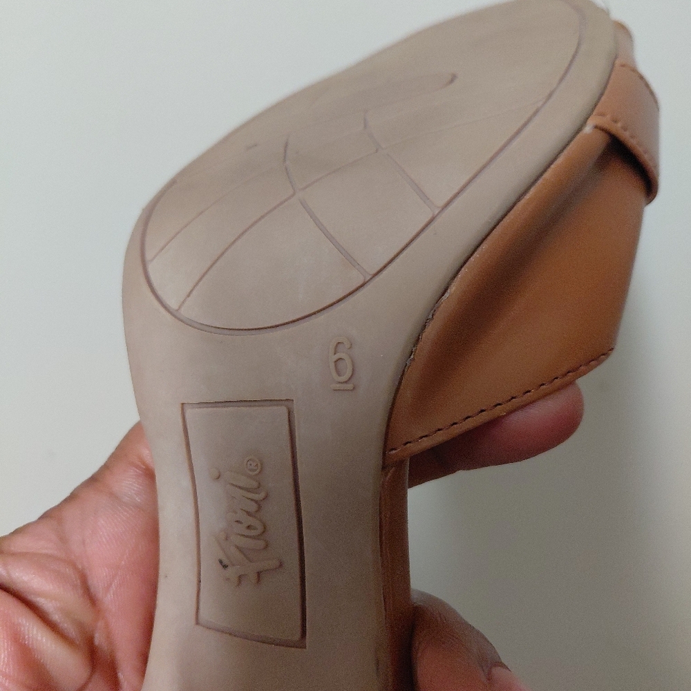 Fioni Camel Colored Brown Faux Leather Buckle Open Toe Heeled Mules 6 - Picture 8 of 13